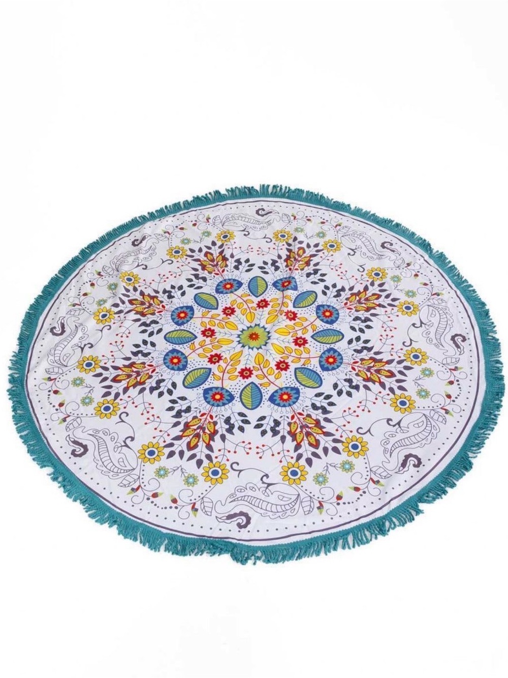 AndTheWhy Round Floral Medallion Beach Towel with Teal Fringe Boho Style NWT